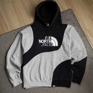 Reworked Outdoor Hoodie - Custom Wavy Patchwork - Upcycled Two Tone Streetwear - Men's XL - One of a Kind Designer Pullover.