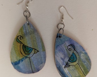 Wooden earrings dangle Handpainted abstract Blue bird original art jewelry; earrings wooden; bird design both sides of earrings; gift