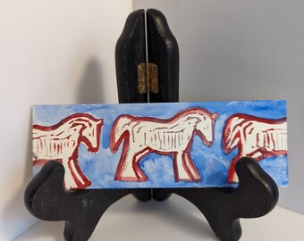 Horse Bookmark original art, linocut design, gouache background, stamped book marker