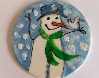 Christmas ornament Hand painted Snowman Porcelain Original Holiday ornament with silver ribbon in gift box.