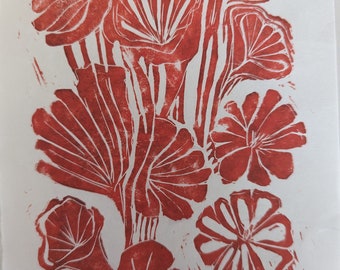 Linocut Flower, Original art Handprinted, red printing ink, Whimsical Garden Art