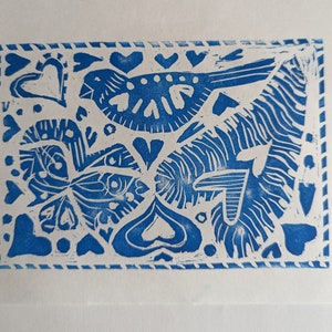 Birds and Hearts - linoprint - Old World art - lino cut in blue ink - Original art - Handmade print - home decor