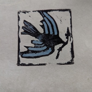 Tiny linoprint bird of peace design ~ bird in flight art ~ small art ~ bird lovers gift ~ small Original Home Decor ~ relief printing