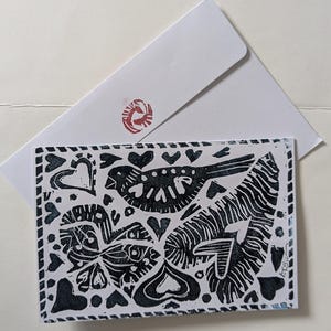 Oiseaux et coeurs ~ Cartes de voeux ~ linogravure originale ~ Look ancien monde ~ linogravure ~ cadeau pour amoureux des oiseaux
