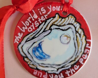 Oyster Shell Ornament, handpainted porcelain, ink drawing, oil paint markers personalized gift original Art Christmas ornament, Holiday LTSW