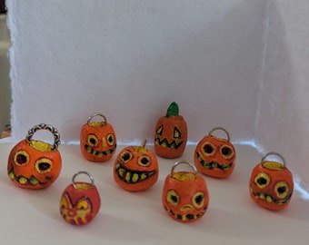 Creepy tiny pumpkin made of air dried clay Handpainted with acrylics; pendant, charm, or cute display pumpkin less than 20 dollars