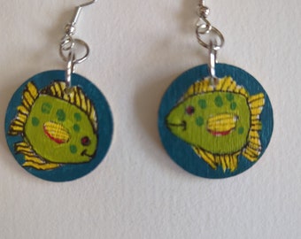 Little Green Fish painting Earrings original art circle shape wooden dangle earrings seaside jewelry artist Louisiana Crafts Guild art LTSW