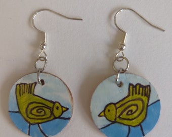 Little Green Bird painting Earrings original art circle shape wooden dangle earrings seaside jewelry artist Louisiana Crafts Guild art LTSW