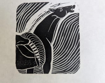 May include: Black and white linocut print of a horse's head and neck, with a stylized background of wavy lines.
