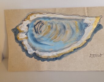 Small gouache painting of an Oyster Shell, still life, on prepared rice paper with gold acrylic accents.