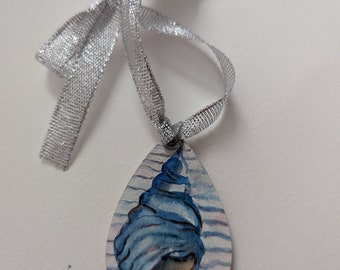 Christmas ornament Seashell Hand painted Original Holiday ornaments Art air dried clay with silver ribbon Free Shipping; artwork