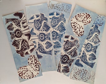 Blue bird Bookmarks and Red Bird original art, linocut designs, gouache background, stamped book marker