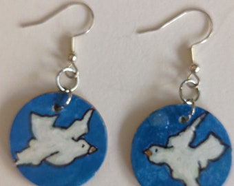 Little White Dove painting Earrings original art circle shape wooden dangle earrings seaside jewelry artist Louisiana Crafts Guild art LTSW