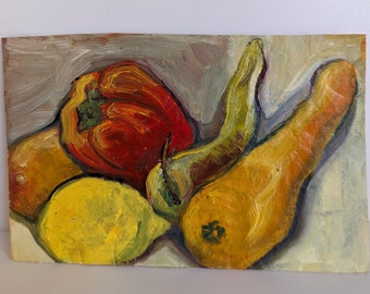 Small oil painting of vegetables, still life, on prepared rice paper.