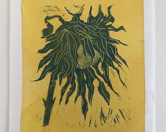 Linocut and gel print Sunflower, Original art Handprinted, printing ink with yellow background. Whimsical Garden Art