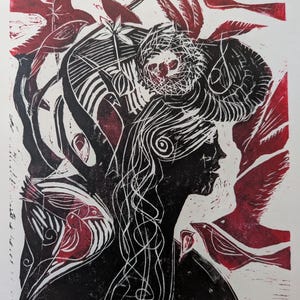 Woman in Black - Red Birds - whimsical original linoprint - handpulled - Caligo inks