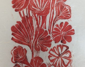 Linocut Flower, Original art Handprinted, red printing ink, Whimsical Garden Art