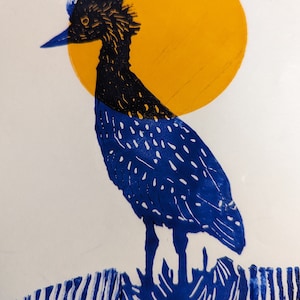 Night heron - Bird art - Nature art- Original relief art - linoprint - Bird lover gift - home decor