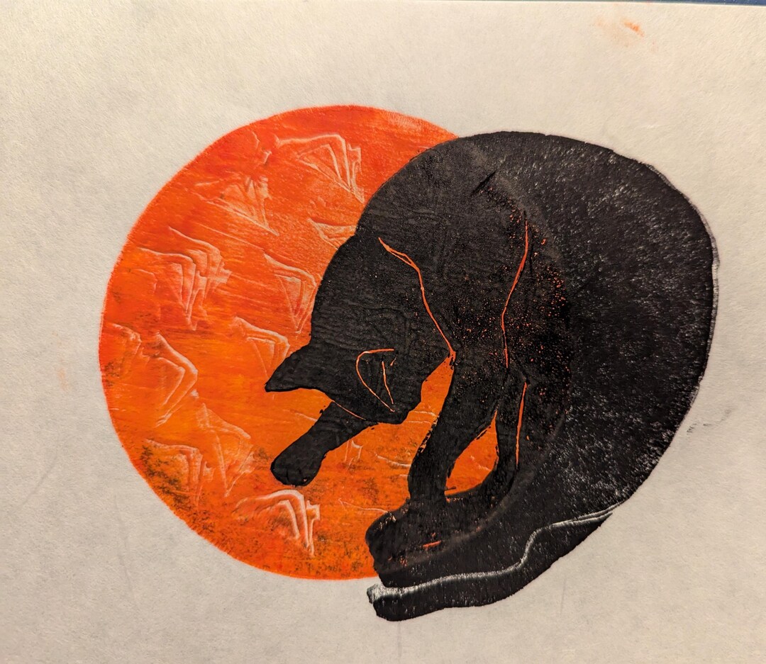 Linocut Cat, Original Art, Black Feline on Orange Rug, Home Decor - Etsy