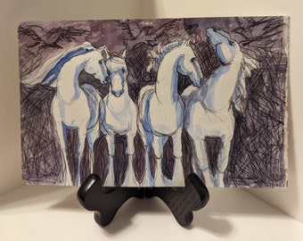 Original watercolor and ink drawing of horses. Four horses with flying ravens.