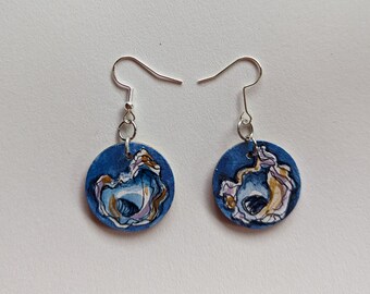 Oyster Shell painting Earrings Original art Tiny art on jewelry Linda Snider-Ward Louisiana artist Oyster Shell drawing jewelry seaside art