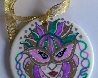 Mardi Gras gifting, porcelain ornament, holiday gift for all occasions can be personalized