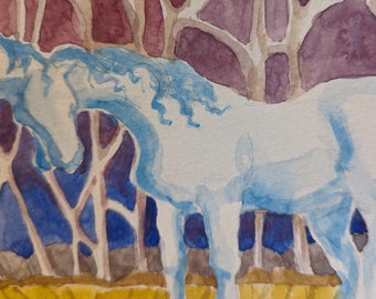 Original watercolor drawing of horses. Two horses in a forest setting.
