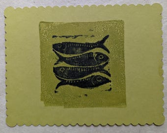 New series of linoprint Sardines design ~ fish art ~ small art ~ fish lovers gift ~ small Original Home Decor ~ relief printing