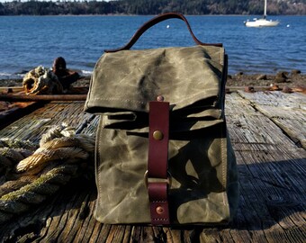 Olive Green Waxed Canvas, Cordura, and Wickett & Craig Leather Insulated Lunch Bag