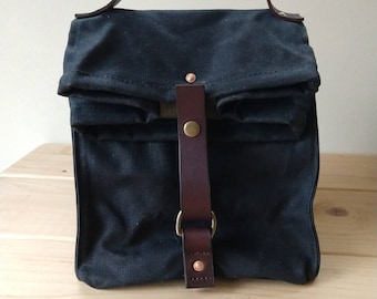 Large Black Waxed Canvas, Cordura, and Leather Reusable Insulated Lunch Bag