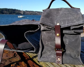 Gray Waxed Canvas, Cordura, and Leather Reusable Insulated Lunch Bag
