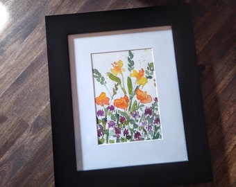 Original Watercolor Painting - California Poppies, Red Clover, and Daffodil Meadow