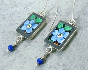 Broken China Earrings Periwinkle Blue Floral with Crystal Drops - Porcelain  Earrings