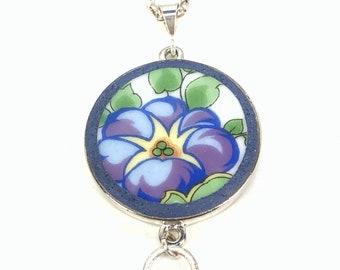 Periwinkle Blue Floral Broken China Necklace on Sterling Rolo Chain