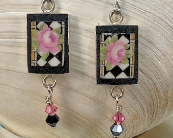 Harlequin Rose Earrings with Crystal Drops - Ceramic Earrings