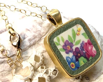 Wearable floral bouquet -Broken China Pendant on Gold Filled Chain