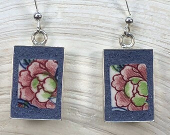 Artcycled Burgundy Pink and Blue Asian Style Upcycled Earrings