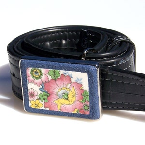 Vintage Broken China Belt Buckle Pink and Yellow Floral image 1