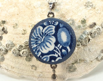 Blue and White English Transferware Necklace on Sterling Chain - BrokenChina / Cracked Plate Pendant