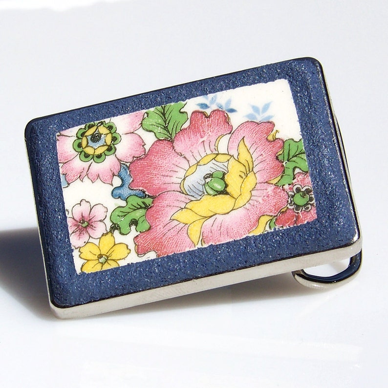 Vintage Broken China Belt Buckle Pink and Yellow Floral image 2