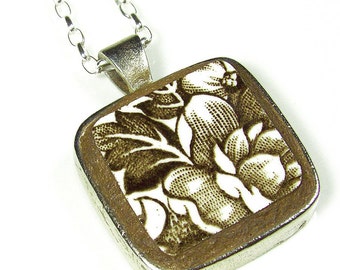 Brown Floral English cracked Plate  Necklace on Sterling Silver Chain Broken China Jewelry