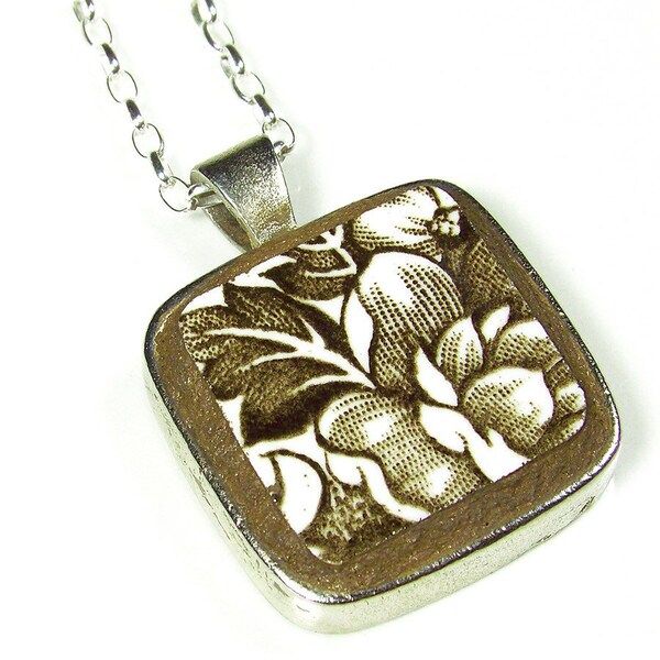 Brown Floral English cracked Plate  Necklace on Sterling Silver Chain Broken China Jewelry