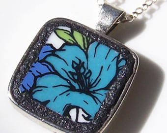 Turquoise Floral Broken China Jewelry Pendant on Sterling Silver Chain - Mosaic Jewelry