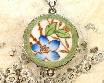 Blue Floral with Bamboo Broken China Necklace on Sterling Rolo Chain - Timeless Vintage Floral Cracked Plate Pendant