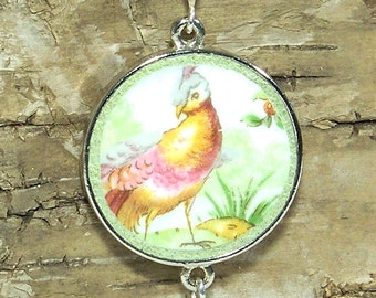 Bird Broken China Necklace on Sterling Rolo Chain - Broken Plate Pendant