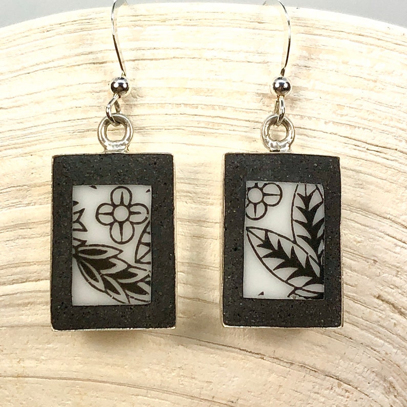Broken China Earrings Black and White Deco Cracked Plate Broken China Jewelry Mosaic Earrings image 1