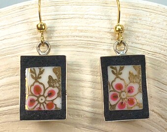 Lustrous Gold and White Earrings with hand painted floral accents - Artcycled Broken China Jewelry Artisan Made