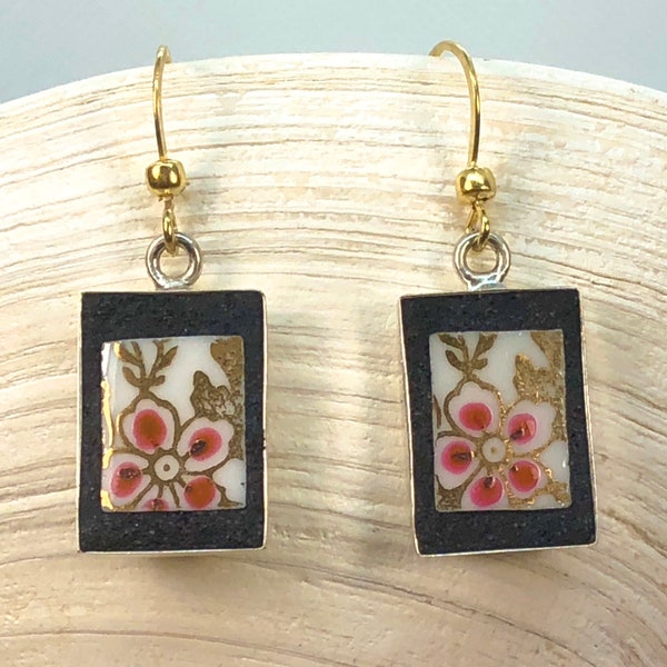 Lustrous Gold and White Earrings with hand painted floral accents - Artcycled Broken China Jewelry Artisan Made