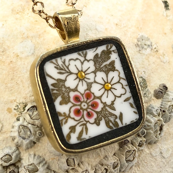 Lustrous Gold Floral Necklace on Gold Filled Chain Upcycled China     -    Cracked Plate Pendant