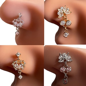 Anillo nasal colgante de circonita cúbica: varilla en L de acero inoxidable chapada en oro (calibre 20)